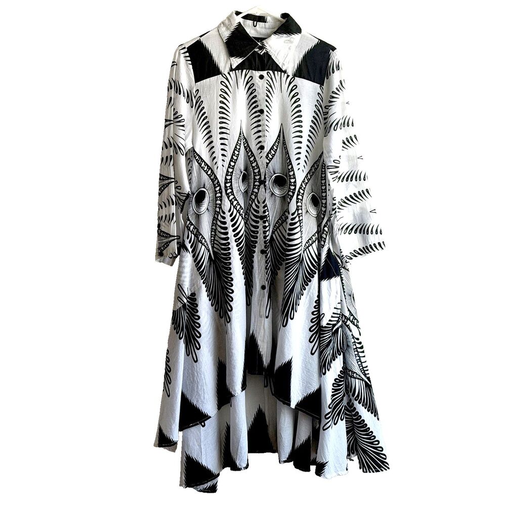 Step in Style Hi Low Shirt Dress Sz M Black White Peacock Flowy Lagenlook Artsy